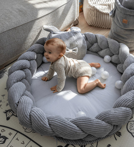 Baby Nest & Play Mat With Crib Bumper Braid - Grey