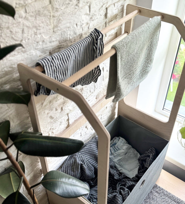 Montessori Wooden Clothes Drying Rack with Storage for Kids