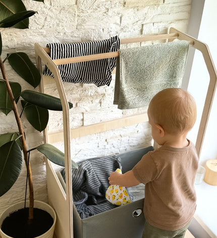 Montessori Wooden Clothes Drying Rack with Storage for Kids