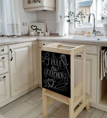 MeowBaby Wooden Kitchen Helper for Children with Board - Natural