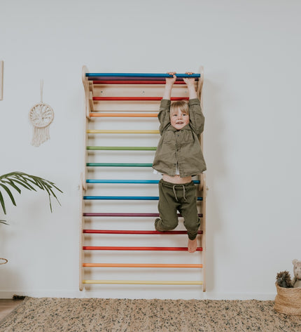 Pikler Triangle Climber with Swedish Wall Add-On (Ages 6m–7y) - Rainbow