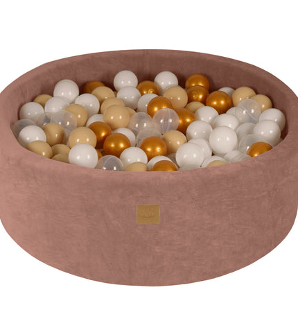 Round Ball Pit With 200 Gold/Beige/White/Transparent Balls, 90x30cm - Beige Velvet